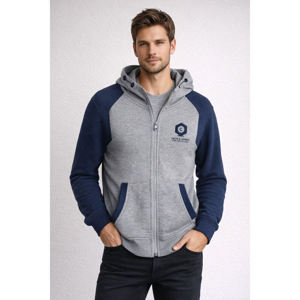 Jack & Jones Core Hoodie Zip Up Gray Navy Size S Colorblock Hooded Sweatshirt